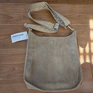Ah-dorned Classic Vegan Suede Messenger Bag Mushroom Gold Hardware Guitar Strap